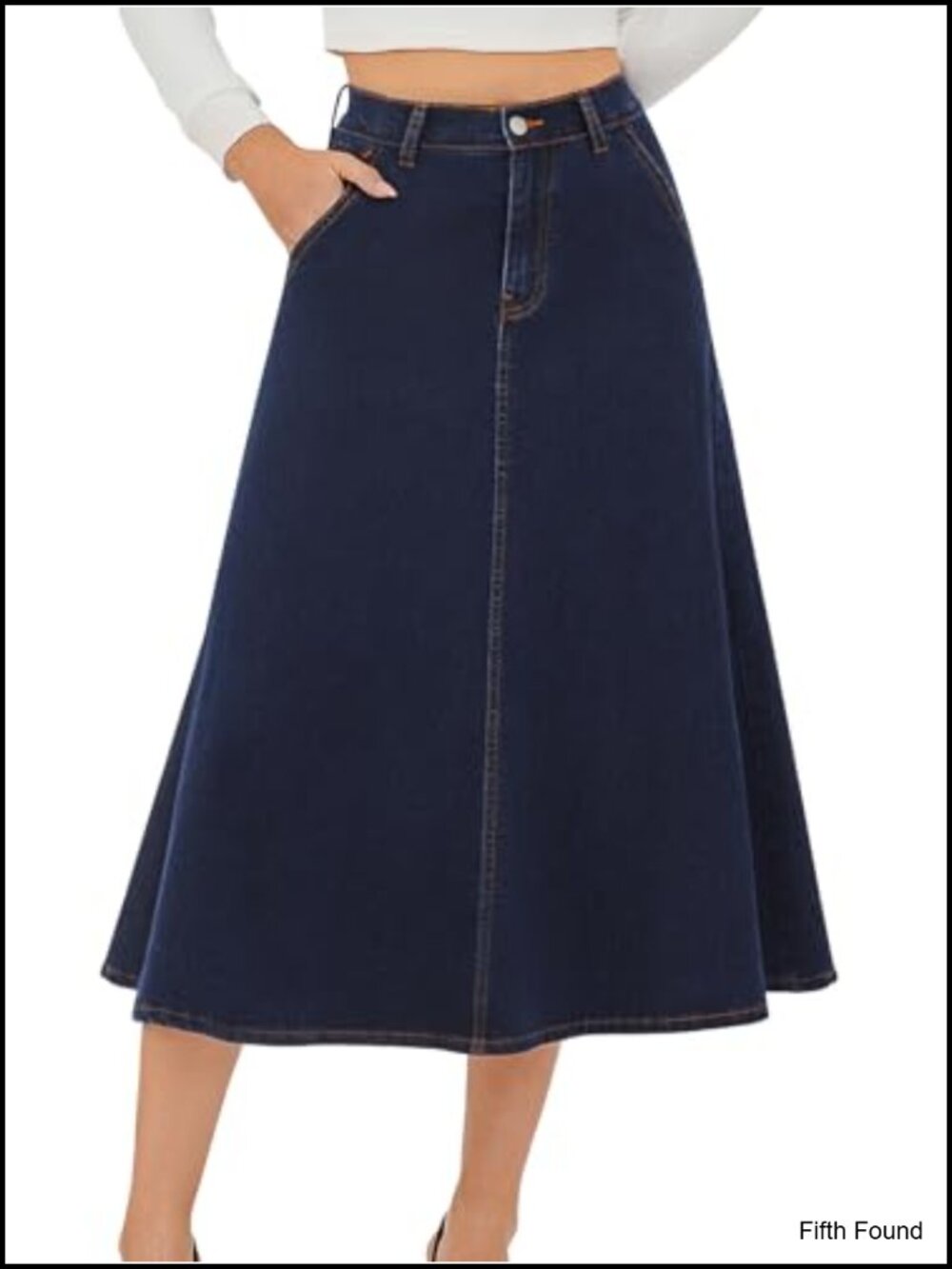 High Waisted Stretchy A-Line Maxi Denim Skirt with Pockets
